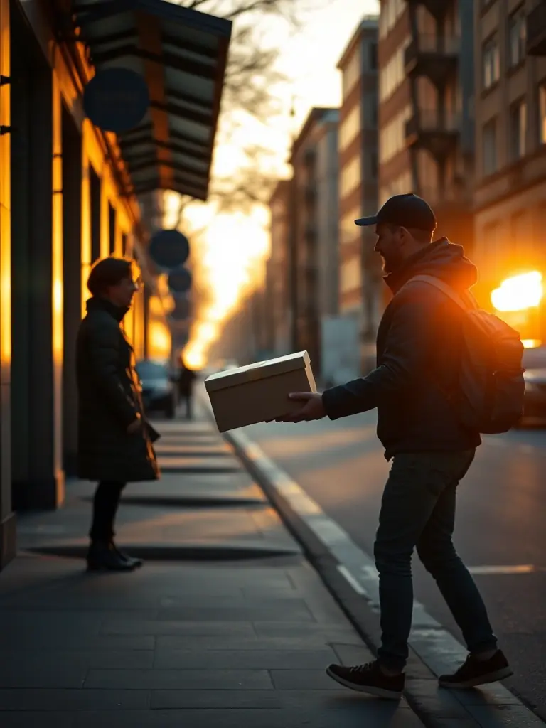 A courier handing over a package to a customer early in the morning, with a city skyline at dawn, symbolizing overnight rush delivery.