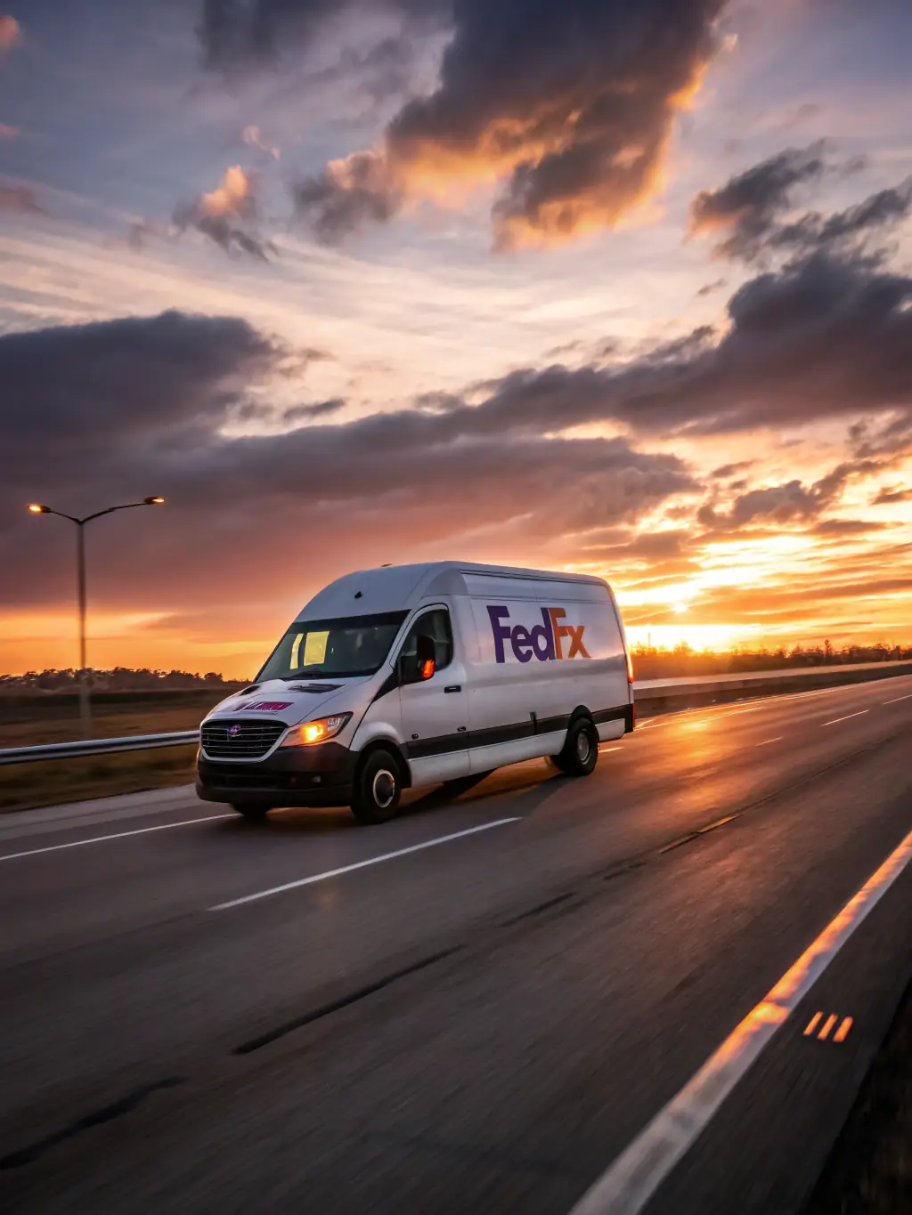 A delivery van speeding down a highway at sunset, representing fast and efficient delivery services.