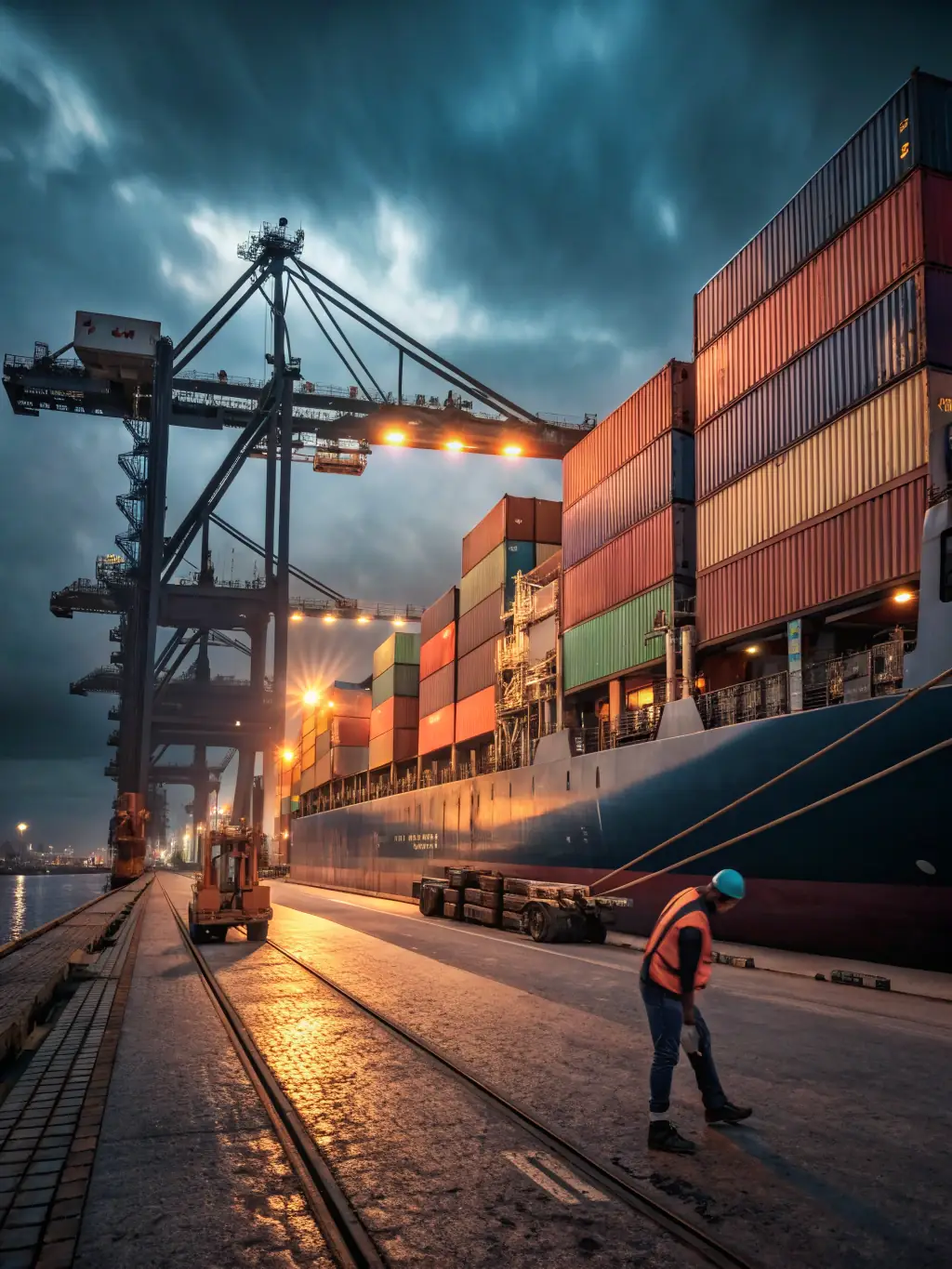 A photograph of cargo containers being loaded onto a cargo ship at a busy port, illustrating the global reach of Day and Night Deliveries' overseas freight services.