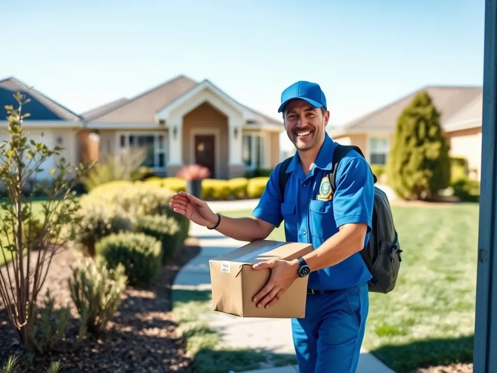 An image showing a courier delivering a package to a residential doorstep with a cityscape in the background, emphasizing the convenience of domestic delivery.