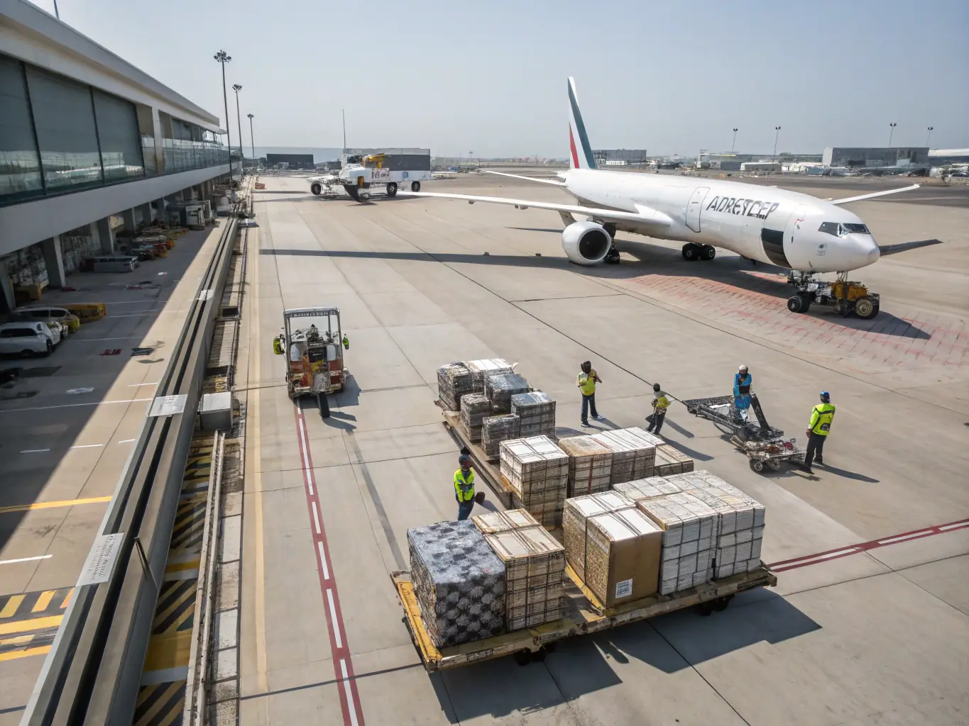 An image of a cargo plane at an airport with containers being loaded, symbolizing international freight and global reach.