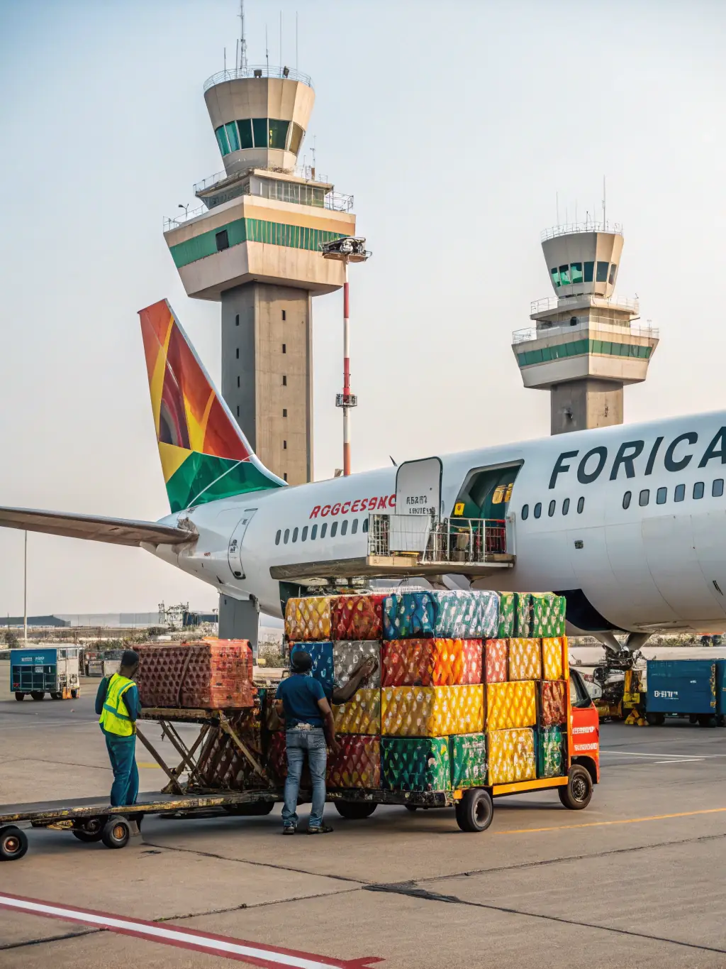 A cargo plane at an airport with containers being loaded, symbolizing international freight services.