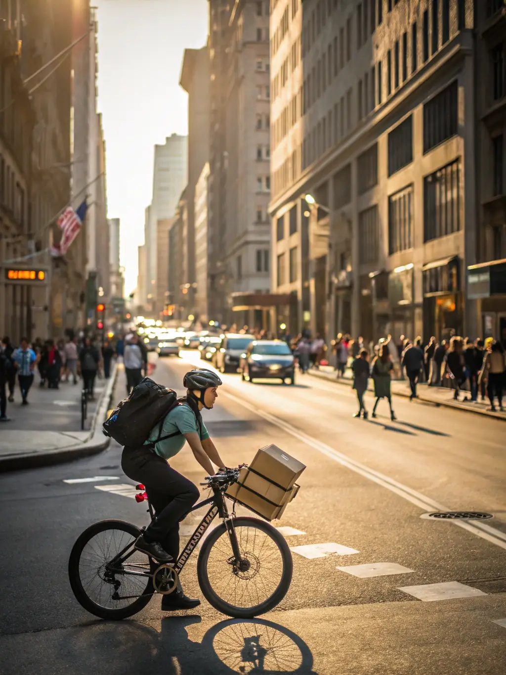 A close-up shot of a courier on a bicycle navigating city streets, highlighting the efficiency of short-haul deliveries by Day and Night Deliveries.