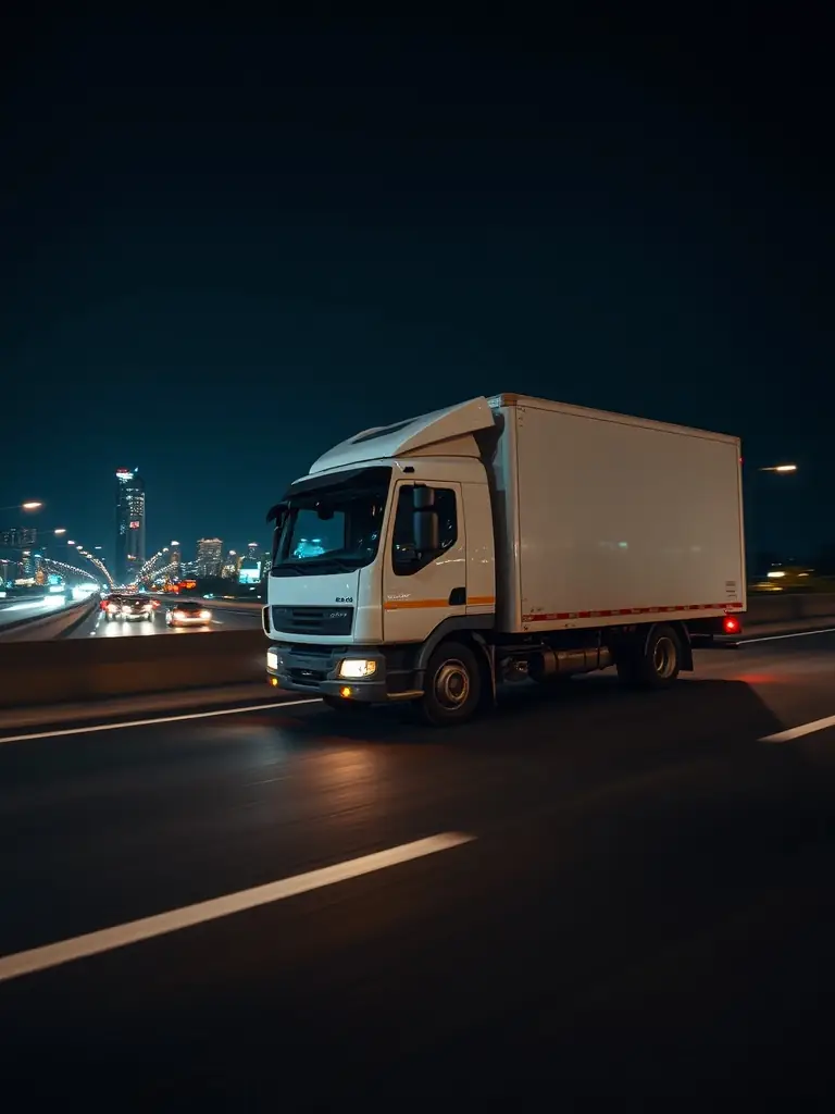 A high-quality photograph of a delivery truck speeding down a highway at dawn, emphasizing the long-haul aspect of Day and Night Deliveries.