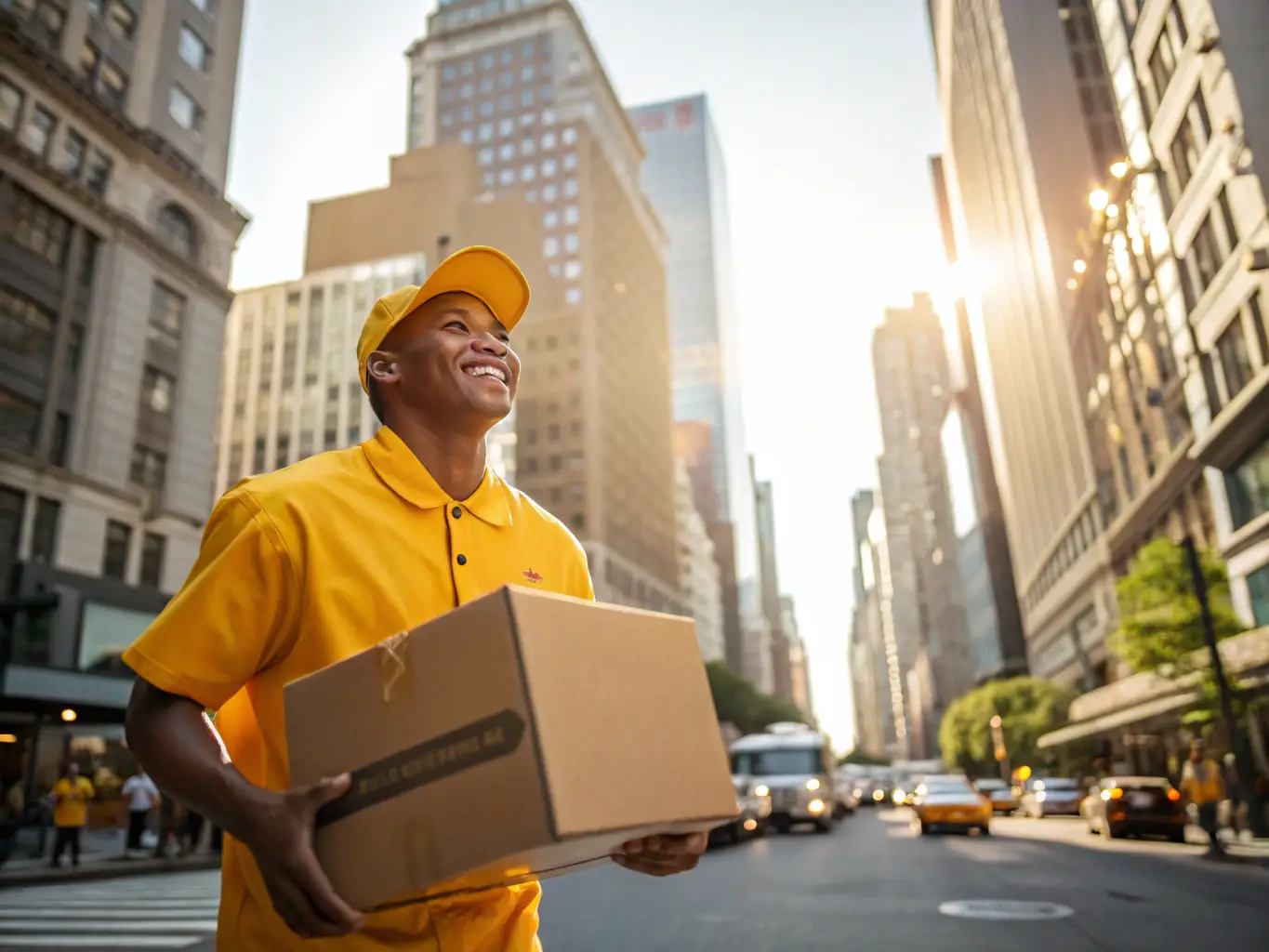 An image of a courier handing over a package to a customer early in the morning, with a city skyline at dawn, highlighting the urgency of overnight delivery.