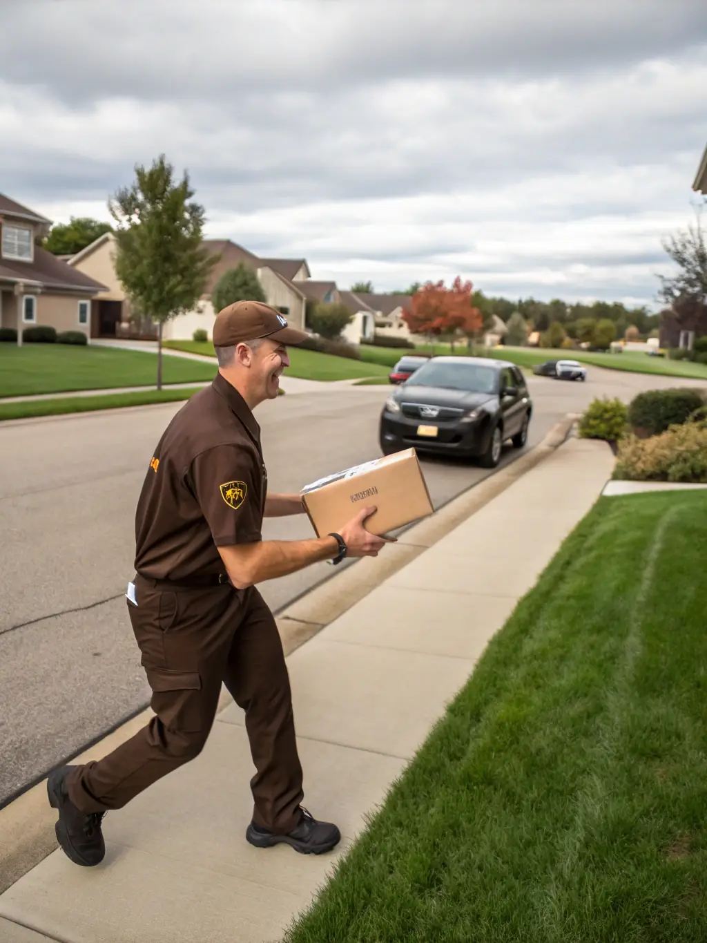 A courier delivering a package to a residential doorstep with a cityscape in the background, representing the domestic courier service.